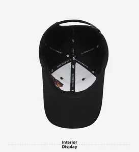 Internal view showing six-panel structure and reinforced branded taping on black baseball cap