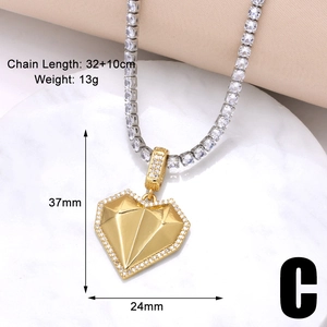 Detailed view showing product dimensions of gold heart pendant on silver tennis chain