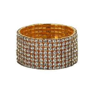Elegant 7-row sparkling white rhinestone stretch bracelet with golden metal base plating