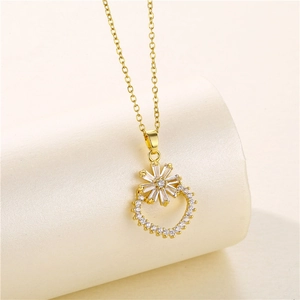 18k gold plated necklace featuring a zircon flower pendant in a circular halo frame