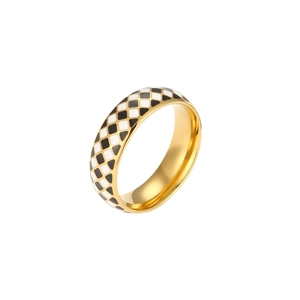 Luxury 18K gold plated stainless steel ring featuring a black and white checkered enamel design