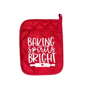 Red Christmas pot holder with BAKING spirits BRIGHT slogan and diamond quilted texture
