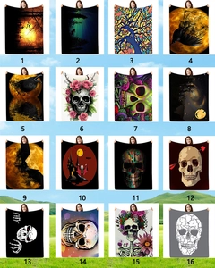 Collage of 16 assorted gothic flannel blankets with skull and crow prints for Halloween