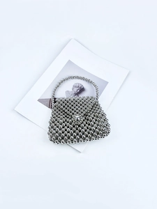 Handmade silver beaded mini handbag with metallic finish and retro pearl style design
