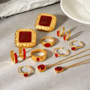 Vintage Red Zircon Jewelry Necklace Hoop Earrings And Opening Ring Stainless Steel French Luxury Style For Women