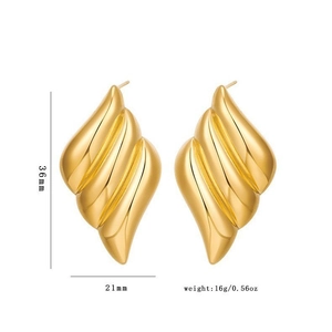 Polished gold wing earrings with spiral design, measuring 36mm by 21mm in size