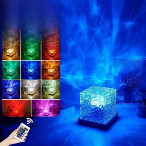 Macro view of square water ripple night light showing 16 RGB colors and remote control