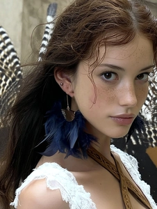 Close-up of elegant deep blue feather tassel earrings with golden fan-shaped accents