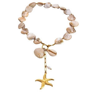 18k gold plated stainless steel necklace featuring natural shell beads and starfish pendant