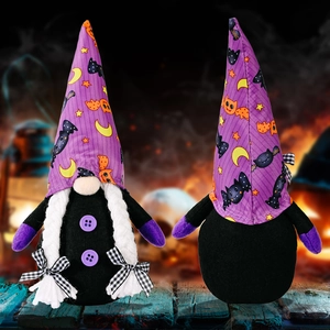 Halloween purple gnome doll with bat patterns shown in front and back view