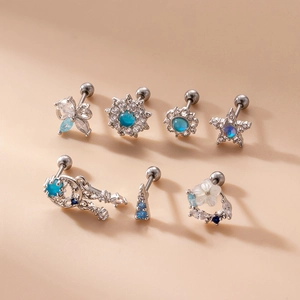 7pcs silver stainless steel screw back stud set with blue zircon butterfly and flower