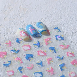 3D ocean shark and dolphin nail stickers with holographic laser finish for luxury manicure