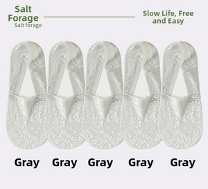 Close-up of five pairs of grey floral lace invisible boat socks for women