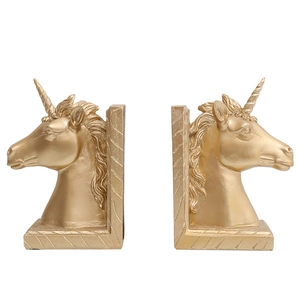 Paire de serre-livres de luxe en forme de tête de licorne dorée en résine de qualité