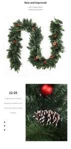 Detail of Christmas garland with pine needles, red berries, and frosted pinecones