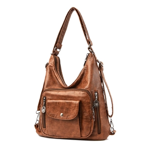 Vintage brown PU leather shoulder bag with adjustable strap and front pocket