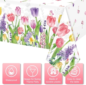 Waterproof PE tablecloth with spring tulip print and durable plastic features overview