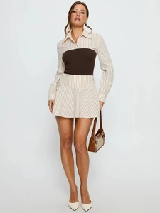 Elegant off-shoulder striped dress with a dark brown corset waist and mini skirt