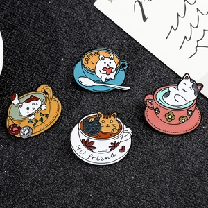 Set of four cute cartoon cat and coffee cup enamel pins made of high-quality alloy