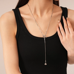 Minimalist silver OT toggle clasp sweater necklace with long snake chain tassel for women