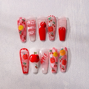 Japanese style fruit nail stickers with 3D red apple designs and red checkered patterns