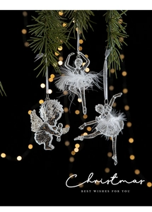 Close-up of crystal acrylic angel and ballet dancer pendants with white feathers