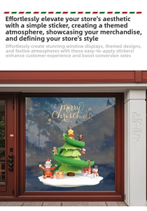 Detailed Christmas window decals with Merry Christmas text, Santa, and festive tree decorations