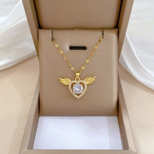 Angel Wings Heart Pendant Necklace Titanium Steel Chain Copper Zircon Luxury Temperament Jewelry For Women Gold Plated