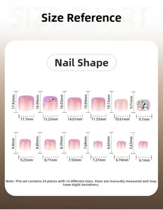 Detailed size chart for 24pcs purple glitter press-on toenails with dimensions in mm