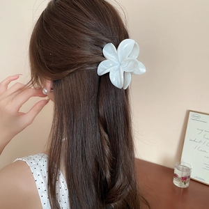 Détail d'une pince à cheveux fleurie en acrylique blanc crème pour coiffure mi-haute