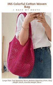 Detailed view of handmade rose red hollow knit shoulder bag showing large size dimensions