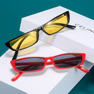Retro rectangular sunglasses with black/yellow and red/black frames on a white gift box