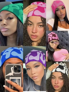 Trend Letter Pattern Jacquard Knitted Beanie For Men Women Warm Acrylic Winter Skull Cap Streetwear Hip Hop Cuffless Hat