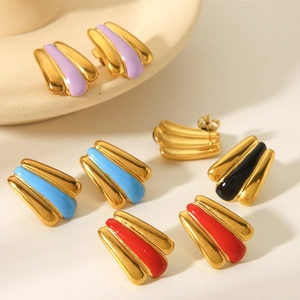 Stud Earrings Fan Shaped Stainless Steel 18K Gold Plated Oil Drip Enamel Geometric Retro Jewelry For Women