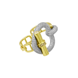 Exaggerated two-tone 18k gold plated knot ring with sparkling zircon and rectangular gem