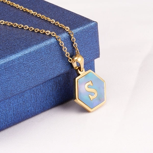 18K gold plated stainless steel hexagonal necklace with blue shell S letter pendant