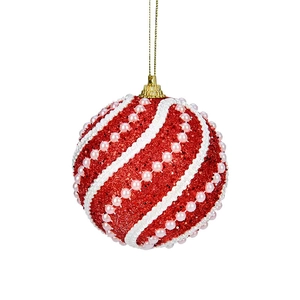 Boule de Noël rouge 8cm pailletée avec spirale blanche et détails en perles