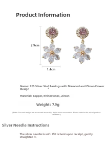 Detailed view showing the 2.9cm x 1.4cm dimensions of pink and white zircon floral earrings