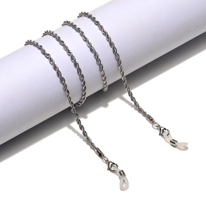 Silver twist metal eyewear chain 70cm with silicone loops and lobster clasps on white