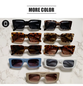 Flat lay of retro rectangular sunglasses in black, tortoise, and pastel frame colors