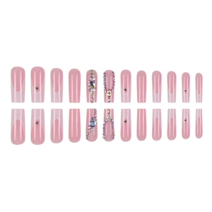 French tip press on nails in pink with sparkling rhinestones and glitter long coffin shape