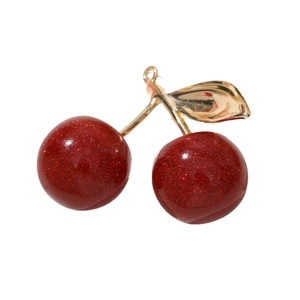Sparkly deep red cherry pendant with golden leaves for DIY keychains and bag charms