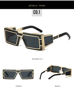 Three angles of punk steampunk sunglasses with thick gold metal frames and dark grey lenses
