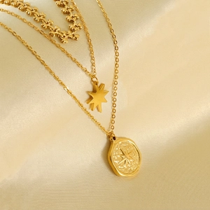 Mehrlagige Halskette 18K Vergoldet Edelstahl Hexagramm Oktagramm Stern Münze Anhänger Herz Kette Eleganter Damenschmuck