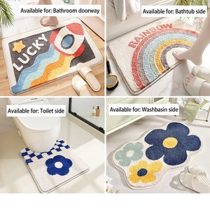 Absorbent non-slip bathroom mat set with rainbow and rocket patterns for shower and toilet