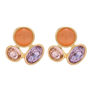 Boucles d'oreilles œil de chat et cristaux ovales tricolores avec base géométrique dorée