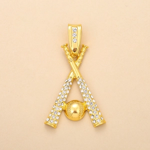 Detailed view of a gold-plated hip hop pendant with crossed baseball bats and diamonds
