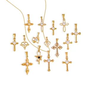 Gold-plated 24K stainless steel pendants with cross heart and dolphin motifs set