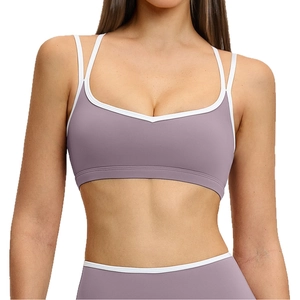 Lilac cross-back sports bra with white trim for running and fitness training