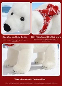Detail of white polar bear plush showing soft fur texture, knit scarf, and acrylic eyes